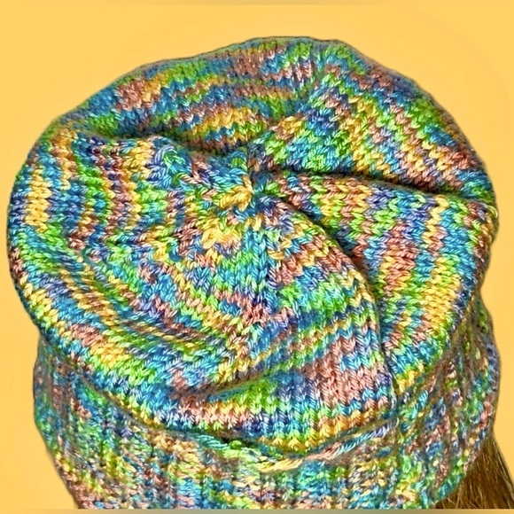 NEW Boutique Hand-Knitted Multicolored Hat, 11 X 12 Inches, Uncuffed. - Picture 7 of 8